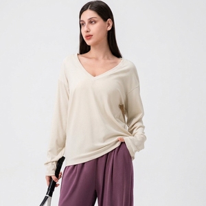Womens V Neck <b>Long</b> <b>Sleeve</b> Yoga <b>Top</b> Eco Friendly Stretch Lyocell Spandex Polyester Soft Skin Friendly Fitness Workout Activewear - Product Image 6