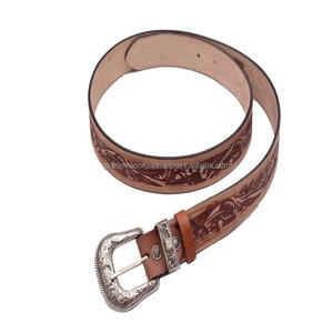 100% Genuine Leather Western Tooling <b>Cowboy</b> <b>Belt</b> with Vintage Engraved Metal Buckle & Keeper Made in India Bulk Order Accepted - Product Image 4