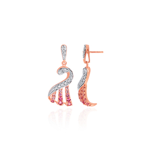 Premium Rose Gold Peacock Inspired <b>Dangle</b> <b>Earrings</b> with White and Pink Stone Studded Curved Design Luxury Jewelry for Women - Product Image 3
