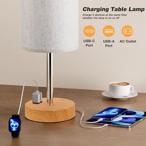 Lampada da Tavolo Touch da 17.4 Pollici con Ricarica USB A+C, Dimmerabile a 3 Livelli, Presa AC, Base Effetto Legno, 17.4 Pollici Media - Product Image 3