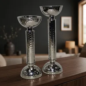 <b>Silver</b> Hammered Metal Candle Holders Set Round Contemporary Home Decor Indoor Tabletop Living Room 100% Handmade - Product Image 4