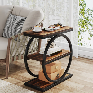 3 Tier Narrow Wooden End <b>Table</b> with Black Round Metal Frame Rustic Wood <b>Side</b> <b>Table</b> with Storage Shelves for Living Room <b>Bedroom</b> - Product Image 3