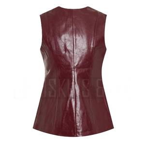Gilet en cuir pour femme, bordeaux, sans manches, boutonné, en véritable peau d'agneau, ajusté, vêtement d'extérieur tendance - Product Image 2