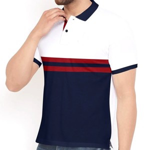 Polo à manches courtes pour homme, design décontracté à rayures colorées, tricoté, bleu marine, rouge, blanc, col écologique - Product Image 2