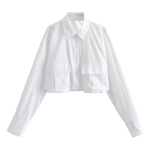 Camisa corta a rayas para mujer, manga larga, cuello vuelto, top informal tejido, corte regular, para todas las estaciones - Product Image 5
