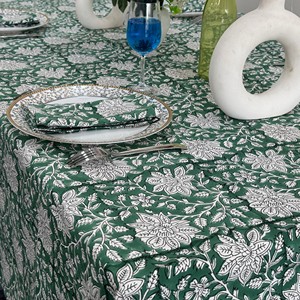 Nappe carrée classique en coton et lin imprimé floral vert, motif floral indien vintage, qualité supérieure, faite à la main - Product Image 2