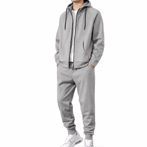 Ensemble de survêtement gris à capuche pour homme – Sweat-shirt zippé et pantalon de jogging en coton uni – Tenue de sport décontractée pour l'automne - Product Image 1