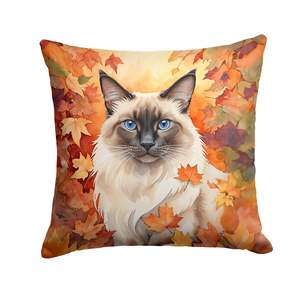 Gato balinés en hojas de otoño almohada decorativa lavable a máquina 18H x 18W para interior y exterior para sofá cama y decoración de Patio - Product Image 1
