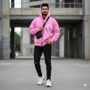 Sudadera con capucha y cremallera personalizada con logo impreso, estilo urbano, de algodón 100% grueso, color liso, para hombre - Product Image 6