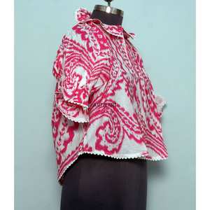 Túnica Moderna con Estampado Floral, 100% Algodón Lavable, Estilo Casual Femenino, Cuello Mandarín con Volantes, Manga Media, Mini - Product Image 4