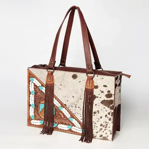 Sac fourre-tout en cuir pour femme, style western, le plus vendu, avec fleurs gravées à la main, rivets et deux poignées, design tendance - Product Image 1