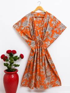 Women Cotton Maxi <b>Kaftan</b> Dress V-neck Boho Floral Printed Eco-Friendly Beach Cover Batwing Sleeve Regular Fit <b>Summer</b> Resort Wear - Product Image 4