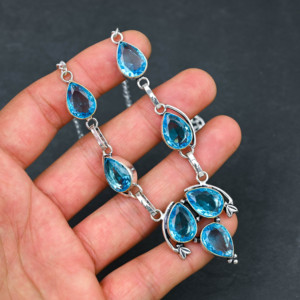 Customized Handmade Blue Topaz Lab Created Pear Freshwater Pearl Sterling Silver 18 Inch Luxury Wedding Gift Necklace For Women - Product Image 3