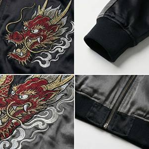 Chaqueta Sukajan Satinada Gris Oscuro Personalizada OEM para Hombre, Chaqueta Bomber Vintage con Bordado Pesado de Máscara Hannya Japonesa - Product Image 4