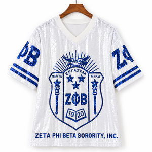 เสื้อเดรสเจอร์ซีย์ปักเลื่อมวิบวับ โลโก้ Zeta Phi Beta Finest Sorority สีขาวน้ำเงินสไตล์ย้อนยุค แบบฮิปฮอป - Product Image 4