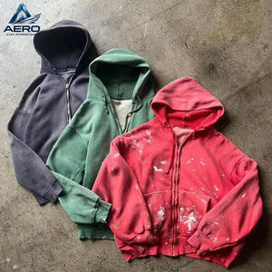 Custom <b>Mens</b> Vintage <b>Washed</b> Zip Up Hoodie Paint Splatter Distressed Sun Faded Thermal Lined Heavyweight Hooded - Product Image 5