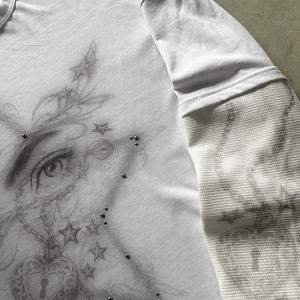 Men's Hot Sale Vintage Washed Heavy Cotton Double Layer Long Sleeve T-shirt Men Custom Screen Printed Graphic Rhinestone <b>Tshirt</b> - Product Image 2