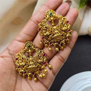 Vintage Nakshi Chandbali Chandelier Drop <b>Earrings</b> with Jade <b>Pearl</b> <b>Diamond</b> Moissanite for Wedding Party - Product Image 2