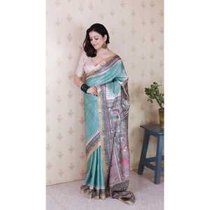 Sari élégant en soie Tussar vert marine Elite Weaves, imprimé Madhubani, protection solaire, bordure tissée Zari, 450g, pour soirée et mariage - Product Image 1
