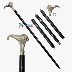 Canne de marche en bois noir pliable et réglable, style Art Déco, avec motif lion en laiton nickelé vintage, pour hommes et femmes âgés - Product Image 5