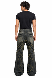 Vaqueros de mezclilla para hombre, de lavado oscuro, desgastados, de pierna ancha, estilo urbano, con efecto descolorido intenso, estilo vintage, con paneles de diseño y costuras únicas - Product Image 3
