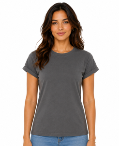 Camiseta Casual de Verano para Mujer con Puños Enrollados, Bordado Frontal Personalizado, Algodón Suave, Cómoda para Uso Diario - Product Image 2