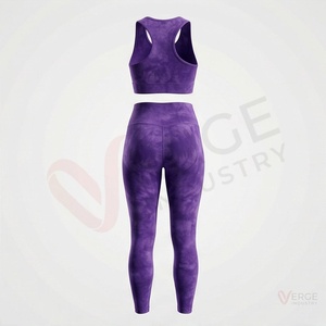 Women <b>Purple</b> Tie Dye Yoga Set 2 Piece Racerback <b>Crop</b> <b>Top</b> High Waist Full Length Leggings - Product Image 2