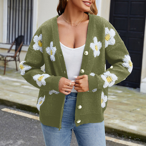 Women's Floral Knit <b>Cardigan</b> V-Neck Full Sleeve Casual <b>Spring</b> Wear 100% Acrylic Anti-Pilling Hand Knitted Single Breasted - Product Image 6