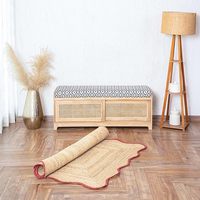 Luxuriöser, umweltfreundlicher, 100 % natürlicher Jute-Teppich, handgeflochten, Boho-Stil, rot, mit Wellenrand, als Läufer, Fußmatte oder Gebetsteppich für die Heimdekoration