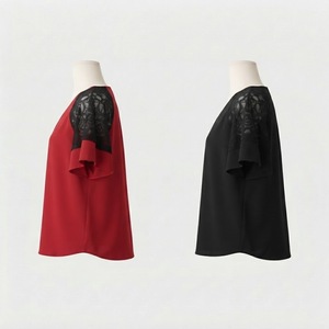 Blusa de Chifón con Cuello en V para Mujer, Tallas Grandes, Elegante, con Encaje, Manga Corta, Estilo Casual, Venta al Por Mayor - Product Image 3
