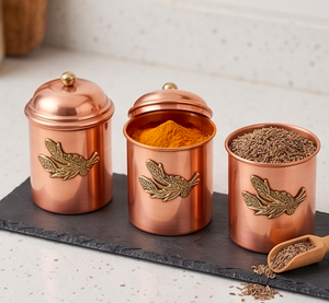 Vintage Copper Canister <b>Set</b> Of Three Adorable Kitchenware Accessories Ideal For Restaurant Hotel Shelf Decor And Storage Use - Product Image 4