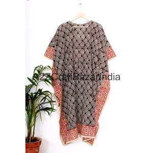 Robes Kaftan Indiennes Artisanales Écologiques en Coton Tissé, Imprimées Florales, Longueur Genou, Taille Unique, Décontractées, Taille Naturelle pour Femme - Product Image 5