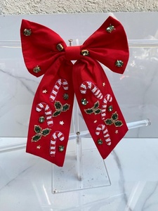 New Christmas Red Satin Hair Bow Clip with <b>Candy</b> <b>Cane</b> Embroidery Festive Rhinestone Holiday Hair Accessory for Girls & Women - Product Image 1
