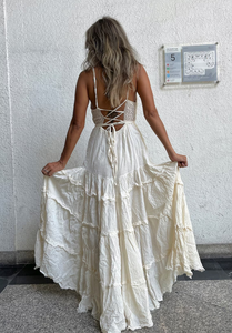 Wholesale Custom Womens <b>Spaghetti</b> <b>Strap</b> Boho Maxi Dress V Neck Tiered Ruffle White Organic Cotton Eco-Friendly Summer Beach Wear - Product Image 4