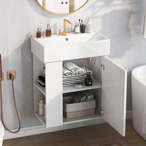 Mobile Bagno Moderno Sospeso da 21,6 Pollici con Lavabo in Ceramica per Bagni Piccoli, con Vano Portaoggetti a Sinistra - Product Image 2