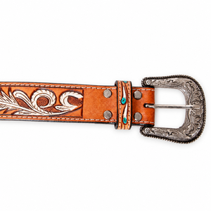 Ceinture de cowboy vintage en cuir véritable style western, motif floral, boucle argentée gravée, robuste, largeur 3,8 cm, turquoise, mode Rodeo - Product Image 3