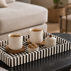 Plateau de service décoratif de luxe en os incrusté noir et blanc |   Plateau de table basse rectangulaire fait main pour la maison, l'hôtel et la salle à manger – Organisateur - Product Image 3