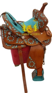 Custom Brown <b>leather</b> with turquoise inlay hand carved floral <b>tooling</b> Genuine <b>Leather</b> Western Horse Saddle Portable comfy seat - Product Image 4