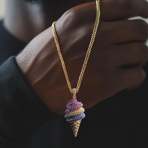 Collier pendentif cornet de glace coloré style hip-hop pour hommes et femmes, avec diamants simulés et moissanite, plaqué argent et or, style streetwear - Product Image 4