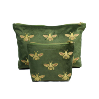 Beau sac à main en velours vert avec broderie d'abeille Design Cosmetic Carrying Travel Bag