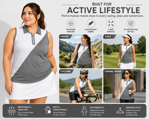 Chaleco Polo sin Mangas para Mujer, Diseño Color Block Gris y Blanco, Tejido Deportivo para Golf, Cierre con Botones, 100% Poliéster Transpirable - Product Image 6
