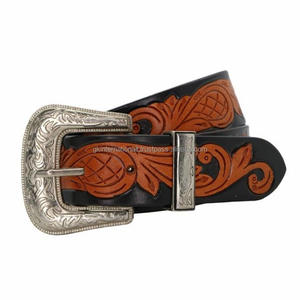Top Selling Wholesale Price Hand Carved Floral Design <b>Men's</b> Fashion Western Leather Tooling <b>Belt</b> with Silver 3 Piece Buckle - Product Image 4