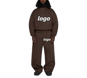 Men's <b>Brown</b> Hooded Sweatshirt Set Solid Color Full Sleeve Loose Fit Casual Tracksuit With Logo Print Heat Transfer Printing - Product Image 1
