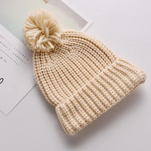Bonnet tricoté chaud pour bébé, couleur unie, avec pompon mignon, en laine, collection automne-hiver, offre spéciale - Product Image 2