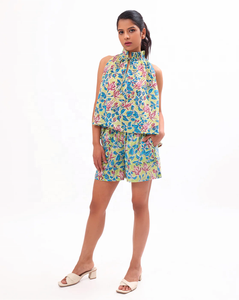 Top de cuello de Camisa de algodón puro con estampado floral informal con cuello Halter sin mangas conjunto con pantalones cortos para ropa de playa de verano - Product Image 4