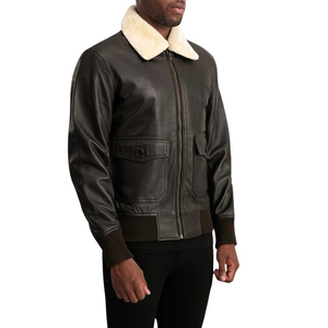 Blouson aviateur en cuir véritable marron vintage pour homme, col en sherpa, coupe-vent, manteau d'hiver - Product Image 4