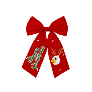 Noeud de cheveux brodé de Noël avec motif gnome et renne, ruban blanc, fait main, accessoire pour femme, pinces à cheveux, nœud perlé - Product Image 6