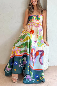 Vibrant Artistic Print Sleeveless Maxi Dress Breathable Linen-Blend Fabric Square Neckline Sleeveless Bohemian-Inspired <b>Sundress</b> - Product Image 5
