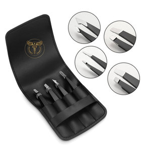 Juego de Pinzas Profesionales para Cejas de Acero Inoxidable con Estuche de Cuero PU, Pinzas de Precisión con Punta Inclinada, Plana y Angulada para Depilación - Product Image 1