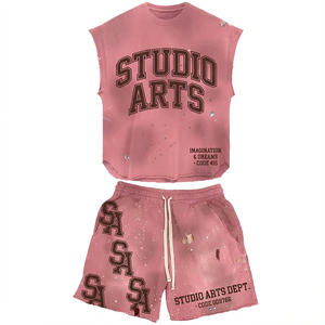 Heavy Weight Digital Print Sweat Shorts and T-shirt Set Custom 2 Piece Men's Acid Wash Sleeveless Streetwear T Shirt Shorts Set - Product Image 1